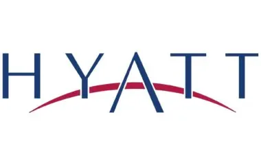 Hyatt hotels corporation logo featuring the word "hyatt" in dark blue uppercase letters with a stylized, curved red line underneath.