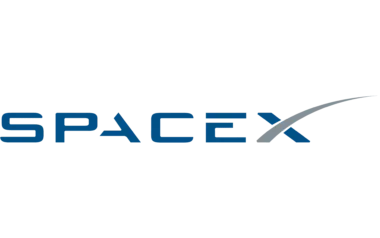 The logo of spacex on a green background, featuring the company's name in bold blue letters with a stylized, swooping white line representing a spacecraft's trajectory.