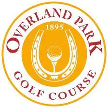 Logo of overland park golf course featuring a horseshoe and a golf ball on a tee, encircled by the text "overland park 1895 golf course" in orange and red colors.
