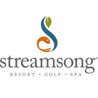Logo of streamsong resort featuring a stylized "s" resembling a yin-yang symbol with a golf ball, colored in orange and green with the words "streamsong resort golf spa" beneath.