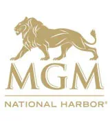 Logo of mgm national harbor featuring a golden lion above the bold initials "mgm" with "national harbor" written underneath in smaller letters, all set against a plain background.