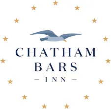 Logo of chatham bars inn featuring a flying seagull silhouette centered above the text, surrounded by golden stars on a white background.
