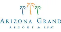 Logo of arizona grand resort & spa featuring stylized text and three palm trees in blue and green colors.