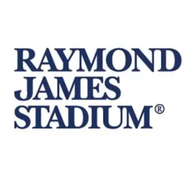 Logo of raymond james stadium in blue text on a white background.