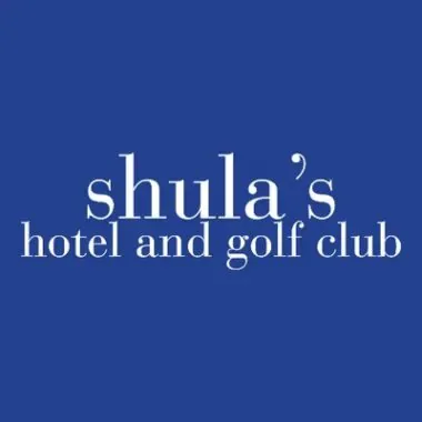Logo of shula's hotel and golf club, featuring white text on a solid navy blue background.