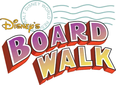 Logo of disney world resort's boardwalk, featuring stylized, colorful text that reads "boardwalk" on a graphical depiction of a wooden boardwalk, with "walt disney world resort" above in a signature font.