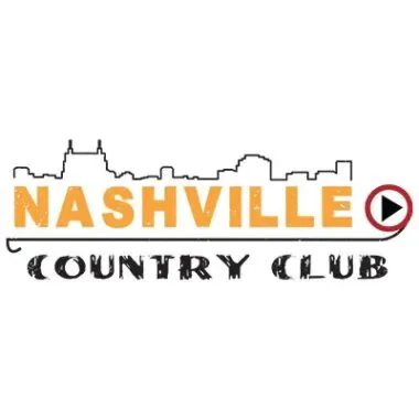 Logo of nashville country club featuring a stylized city skyline in orange and gray above the club's name with a red play button icon on the right.