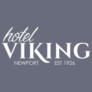 Logo of hotel viking: features white text "hotel viking" on a dark grey background, with "newport est 1926" beneath, emphasizing its historical establishment.