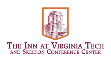 Logo of the inn at virginia tech and skelton conference center featuring a stylized drawing of a building on an orange shield, with the name in maroon text below.
