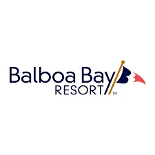 Logo of balboa bay resort featuring the name in dark blue serif font, accompanied by an oar graphic with a red, white, and blue motif forming a sail-like shape on top.
