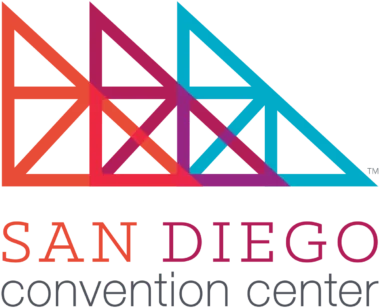 Logo of the san diego convention center, featuring stylized, multicolored triangular shapes that form an abstract roofline above the bold text "san diego convention center.