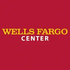 Logo of wells fargo center on a red background, featuring the name "wells fargo center" in white block letters.