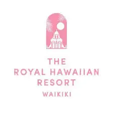 Logo of the royal hawaiian resort waikiki, featuring a pink arch with an illustration of a building, underlined by the resort's name in stylish, bold lettering.