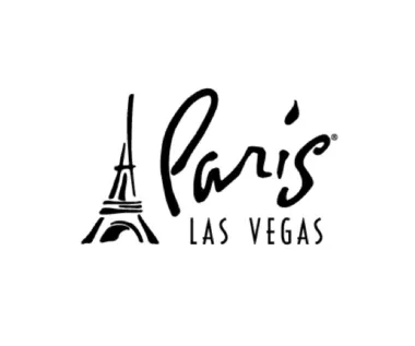Logo of "paris las vegas" featuring a stylized eiffel tower integrated with the word "paris" in script font, followed by "las vegas" in a basic sans-serif typeface.