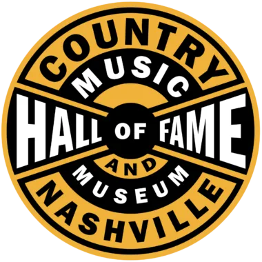 Logo of the country music hall of fame and museum in nashville, featuring black and gold design with concentric circles and bold text.
