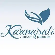 Logo of ka'anapali beach resort featuring stylized, cursive text in blue alongside an icon of a leaf in a lighter shade of blue.
