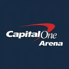 Logo of capital one arena featuring white text "capital one" with a red swoosh above "arena" on a dark blue background.