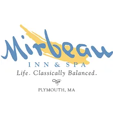 Logo of mirbeau inn & spa, featuring the name in stylized blue text with a yellow brush stroke above and "life. classically balanced." tagline below, located in plymouth, ma.