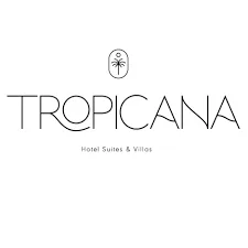 Logo of tropicana hotel suites & villas featuring the word "tropicana" in bold uppercase letters with a minimalist palm tree icon above, centered between "hotel suites & villas" in a thinner font.