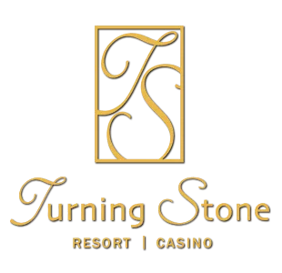Logo of turning stone resort casino features elegant gold script and a stylized graphic forming a letter within a rectangular frame, set against a black background.