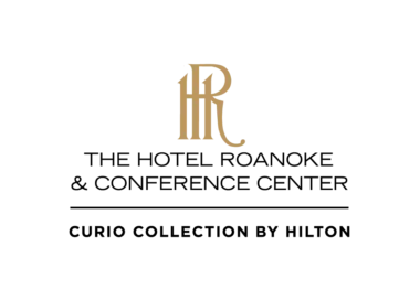 Logo of the hotel roanoke & conference center, featuring an elegant "hr" monogram above the text, part of the curio collection by hilton, on a green background.