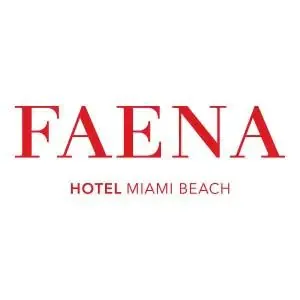 Logo of faena hotel miami beach, featuring the word "faena" in large red uppercase letters above the smaller text "hotel miami beach" in black.