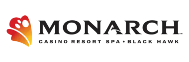 Logo of monarch casino resort spa black hawk featuring a stylized red and orange butterfly wing next to the word "monarch" in white text over a black background.