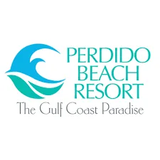 Logo of perdido beach resort featuring a stylized blue wave above the resort's name in teal, with the tagline "the gulf coast paradise" underneath.