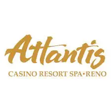 The logo of atlantis casino resort spa in reno, featuring the word "atlantis" in elegant, golden script above smaller text that reads "casino resort spa — reno.