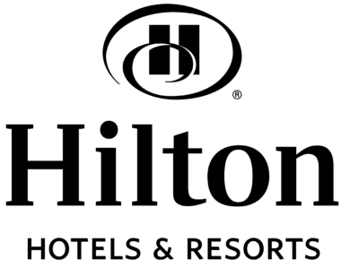 Logo of hilton hotels & resorts featuring stylized 'h' and 'ilton' in black text on a green background with the phrase 'hotels & resorts' beneath.