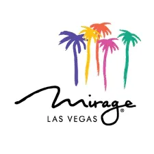 Logo of the mirage las vegas featuring colorful palm trees above the stylized text "mirage las vegas.
