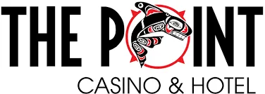 Logo of "the point casino & hotel" featuring stylized red and black text with a graphic of playing cards and dice within a circle.