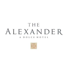 Logo of the alexander, a dolce hotel, featuring elegant text above a stylized, square lattice graphic that resembles a quilt pattern.