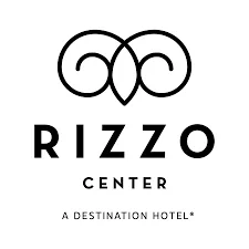 Logo of rizzo center, featuring a stylized graphical emblem of three interlocking circles above the bold text "rizzo" and the subtitle "a destination hotel" below in smaller font.