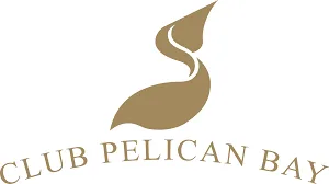 Logo of club pelican bay, featuring a stylized brown pelican silhouette with a curved neck and body, accompanied by the text "club pelican bay" in elegant, serif font.