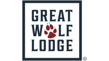 Logo of great wolf lodge featuring the words "great wolf lodge" in bold, block letters, with a large red paw print in the center, set against a white background with a dark border.
