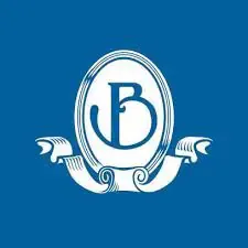 Elegant letter "b" inside an ornate circular frame with decorative ribbon elements, positioned against a solid blue background.